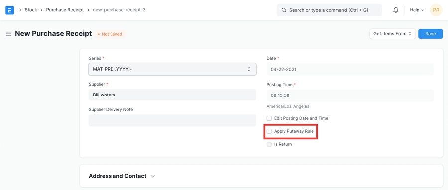 Apply Putaway Rule checkbox