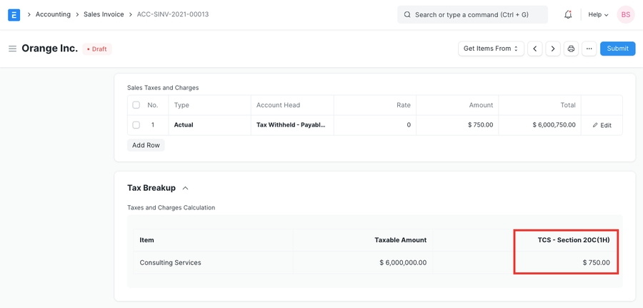 TCS Calculation in Sales Invoice
