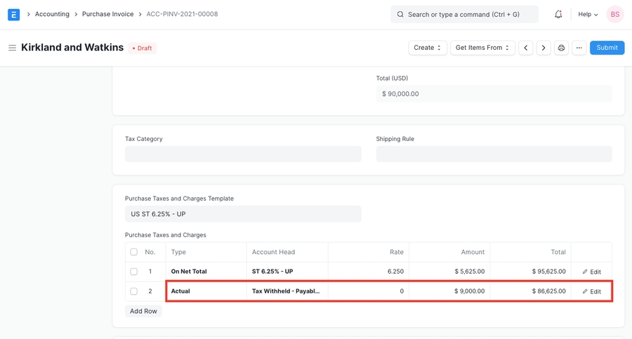 Tax Withholding Category in Purchase Invoice
